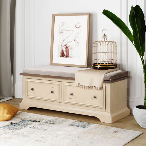 Sesslife Wood Drawer Storage Bench, Shoe Bench with Cushion Seat