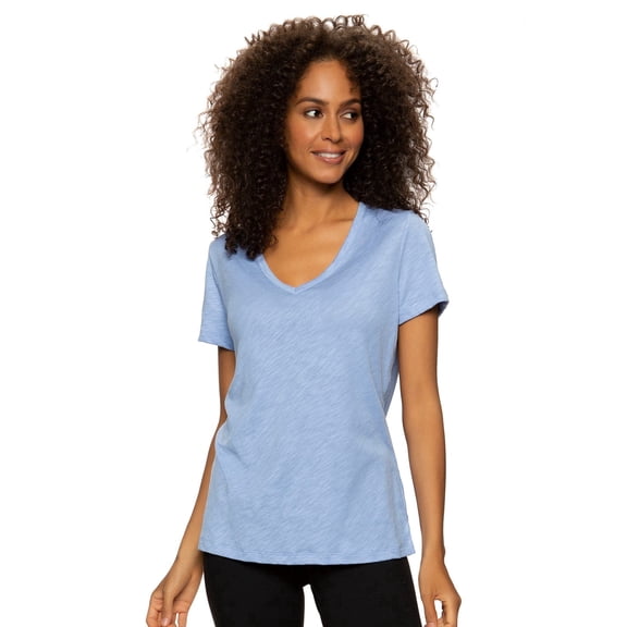 FELINA Ladies' Slub V Neck Short Sleeve Top, Hydrangea Blue Medium