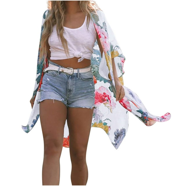 Kimono de playa de chifón con estampado Floral para mujer, chal, manga 3/4, cubierta suelta Pompotops qwe20200