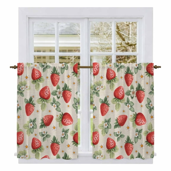 Red Strawberry Kitchen Curtains 54 Inch Length, Summer Fruits Farmhouse Leaves Floral Retro Tiers Curtains for Bathroom Bedroom Cafe, Light Filtering Small Window Treatment Drapes 2 Panels 42"Wx54"L