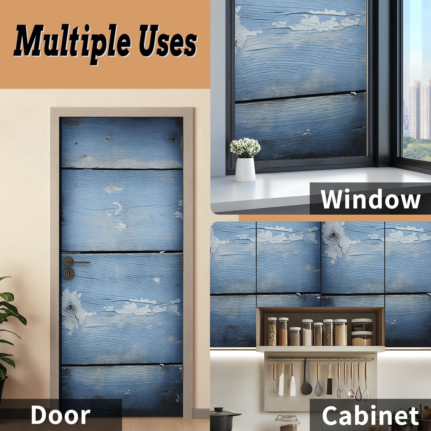 Self Adhesive Vinyl Refrigerator Wrap Set blue painted Door Mural Removable Fridge Sticker Peel and Stick&nbsp;Full Door Cover Decal Kitchen Bar Decor