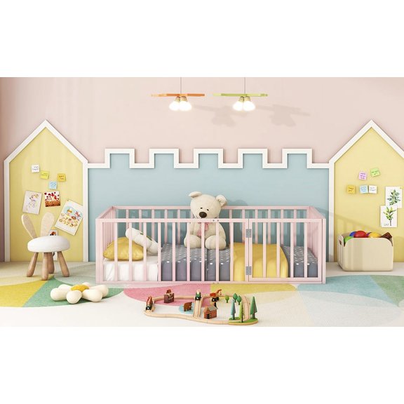 Yoneston Twin Size Floor Bed Frame with Fence and Door, Kids Toddler Montessori Platform Floor Playhouse Bed with Sturdy Support Slats for Boys & Girls, Pink