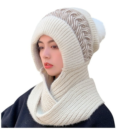 

QWERTYU Cable Knit Beanie Hats for Women Warm Winter Hat Scarf One Piece Soft Hats Beige One Size