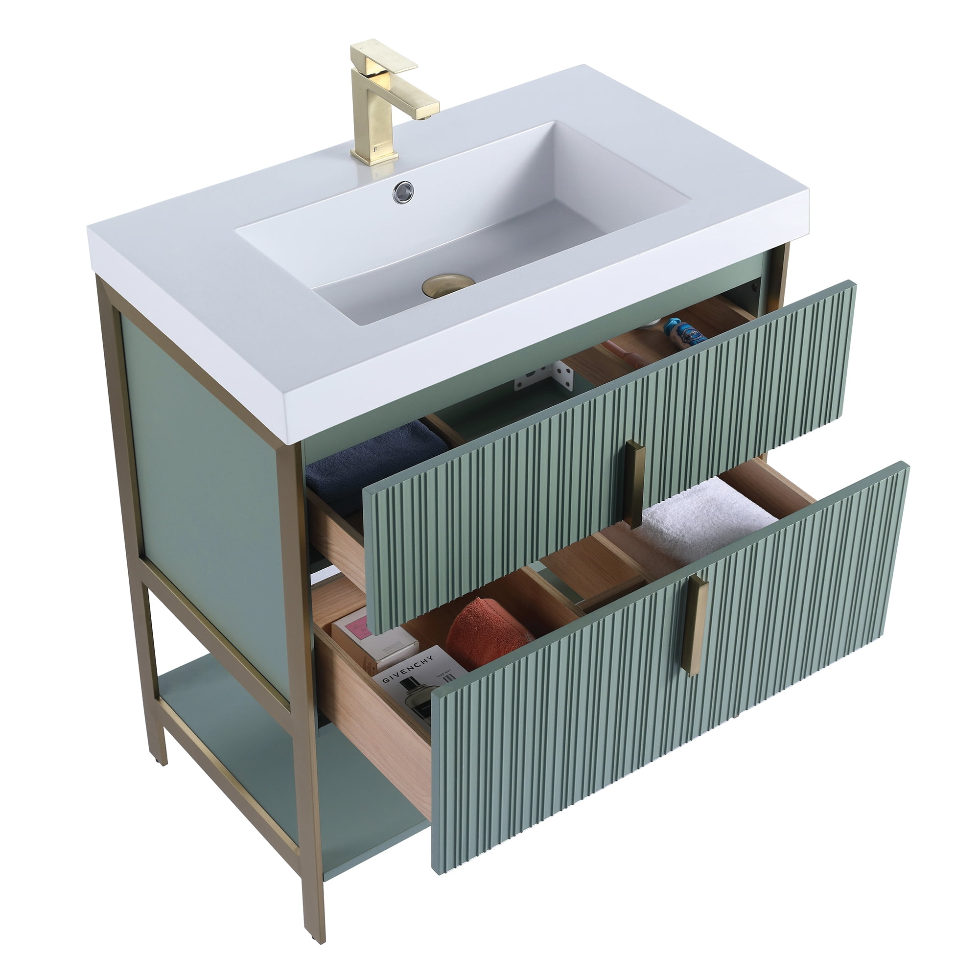 Fine Fixtures Serenity 30 in. W x 18 in. D x 33.5 in. H Bathroom Vanity in Mint Green with White Gel Coated Thick Edge Top with Satin Brass Hardware