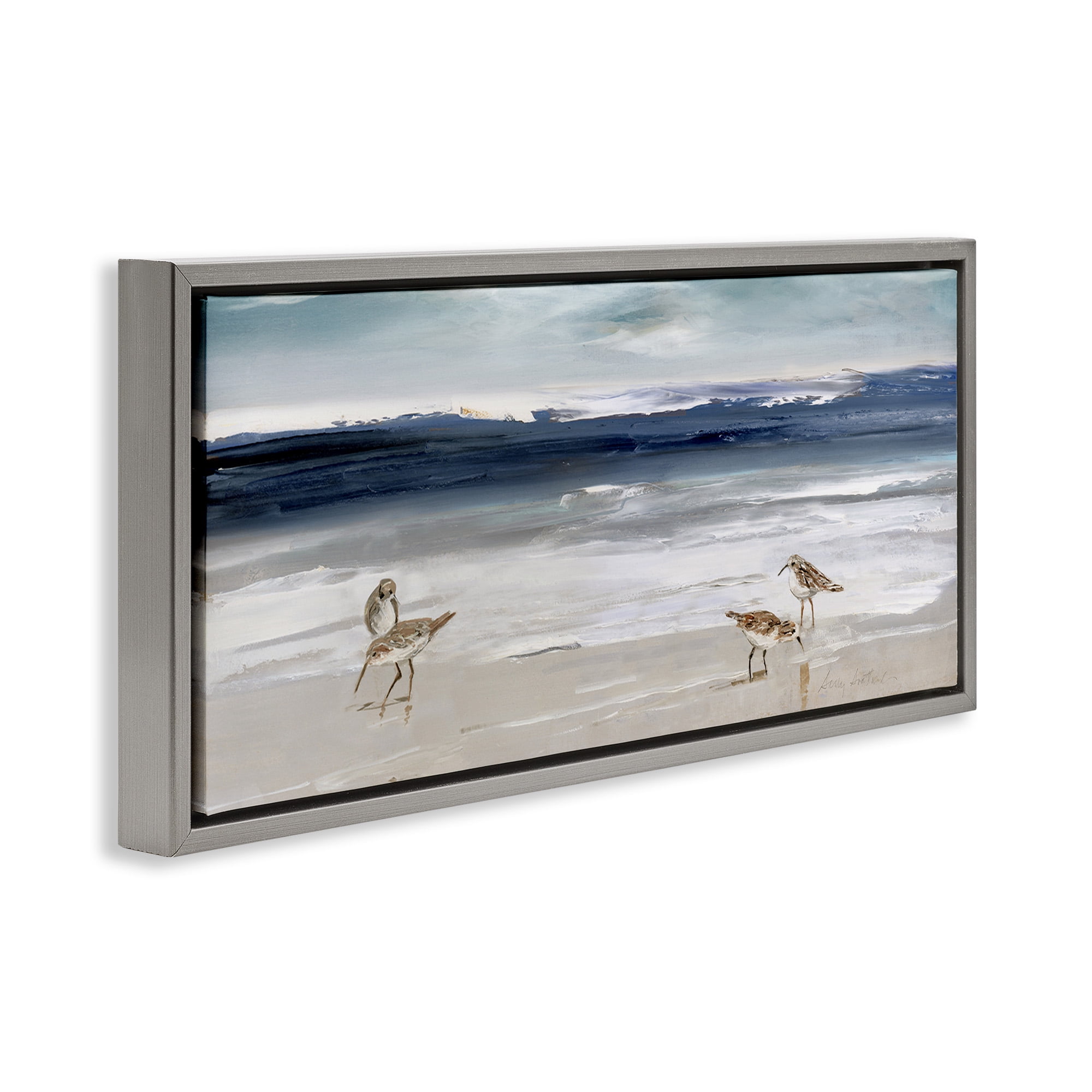 Stupell Industries Sandpipers Grazing Sea Shore Nature Painting Gray Floater Framed Canvas Art Print Wall Art, 25 x 11