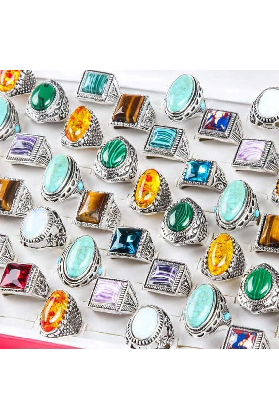 20pcs/Lots Wholesale Silver Unisex Turquoise Stone Jewelry Rings for men women