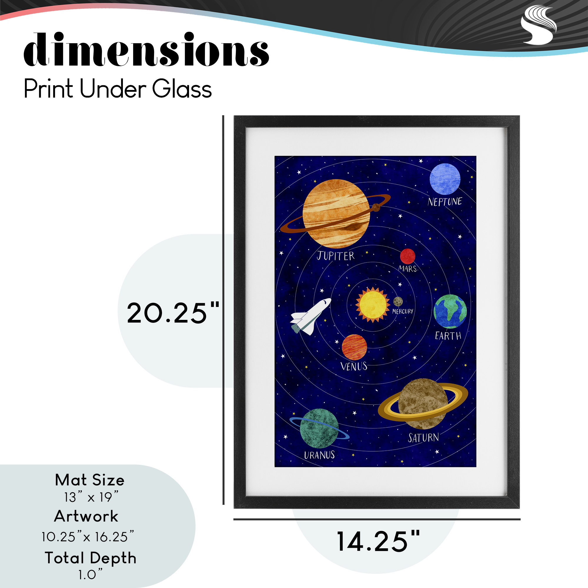 Solar System Education Black Framed Print Under Glass, design by Elizabeth Caldwell