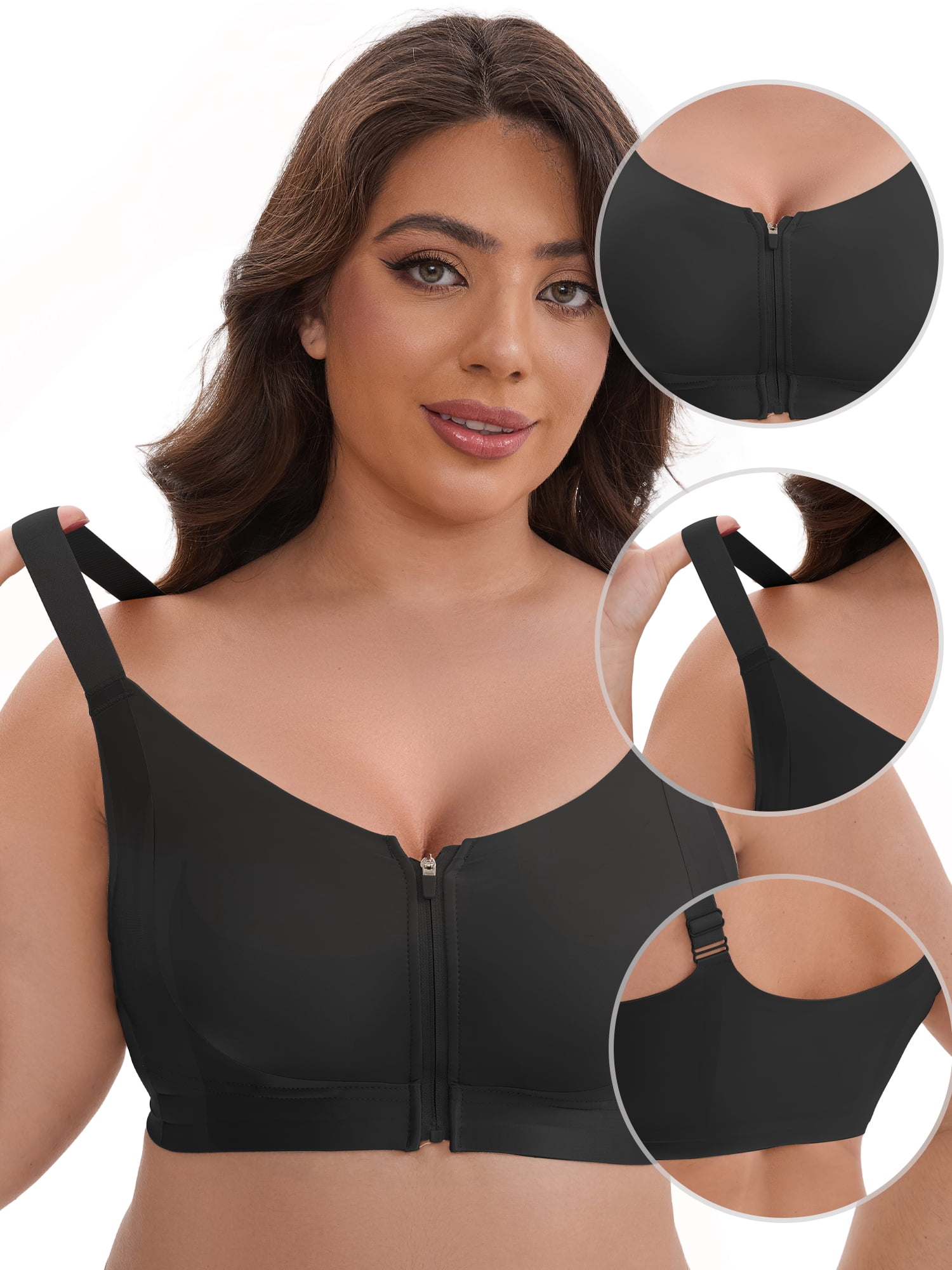 DARING DIVA Zip Front Lift Up Wirefree Full Soft Cup Breathable Bras S Black