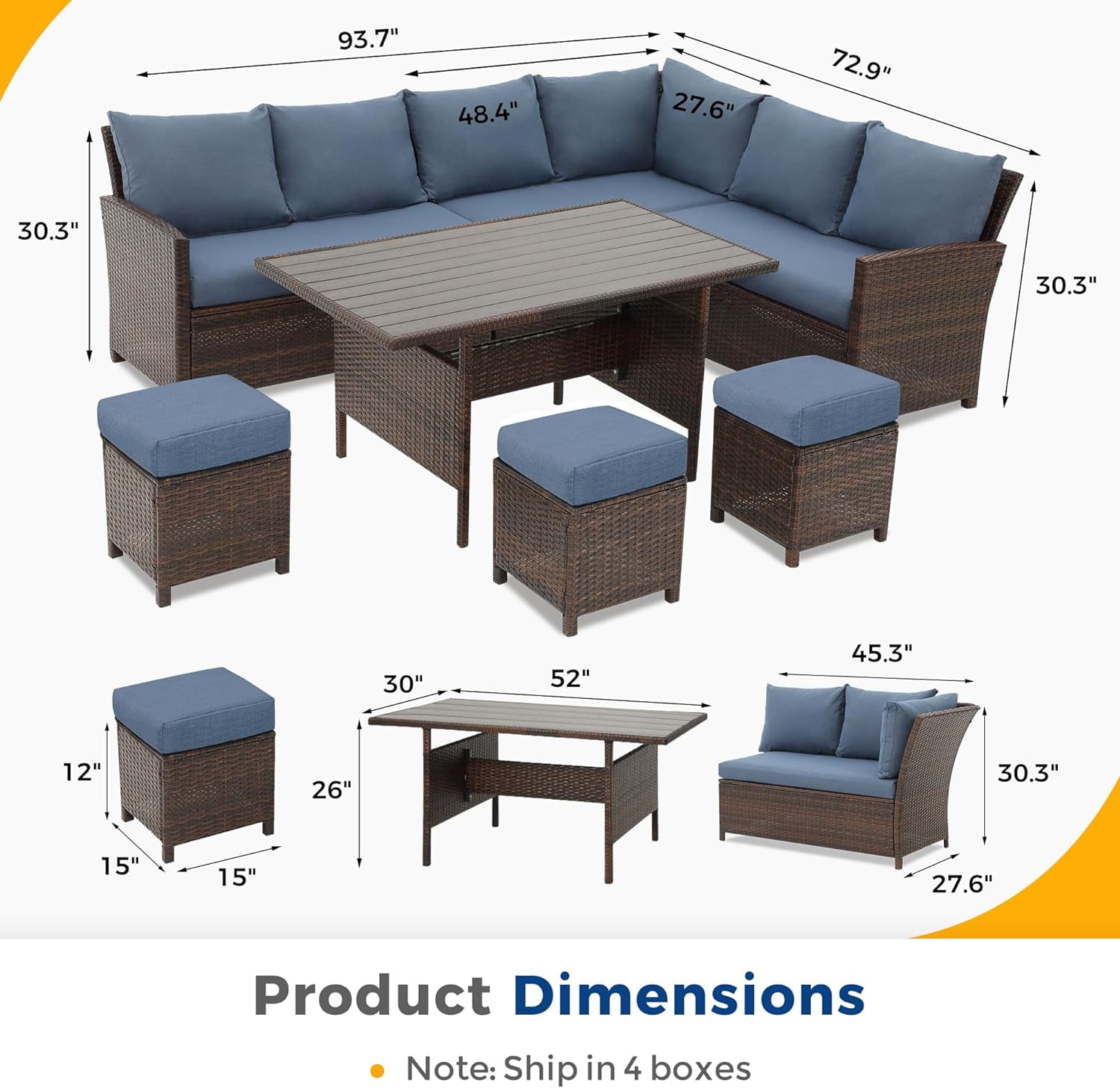 Superjoe Patio Furniture Conversation Set, 7 Piece High Curved Back All Weather Wicker Outdoor Dining Sectional Sofa with Dining Table and Chair, Blue