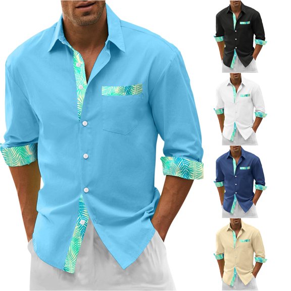 Mens Digital 3D Printing Style Holiday Seaside Beach Long Sleeved Shirt Top with Color Matching Design Blue XL