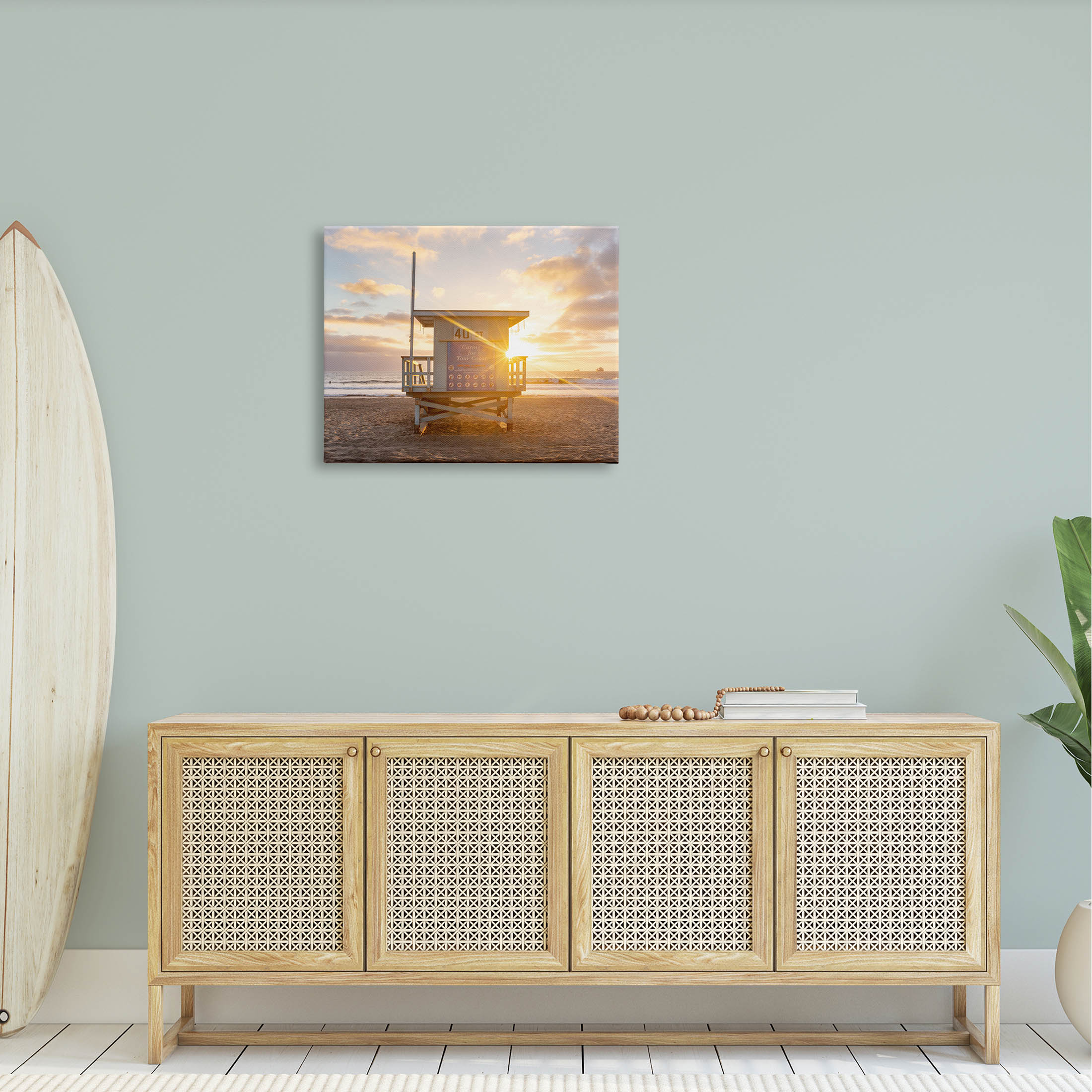 Beach Hut Sunset Flare Coastal Photograph Gallery Wrapped Canvas Print Wall Art