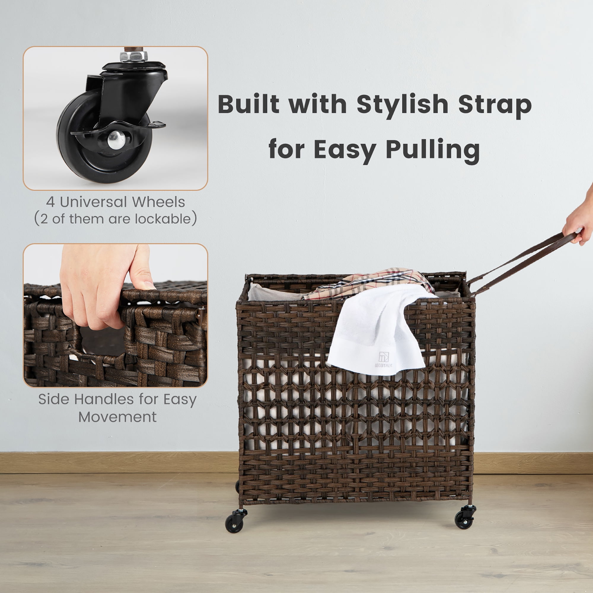 Costway 110L Laundry Hamper w/Wheels Clothes Basket w/Lid and Handle and 2 Liner Bags