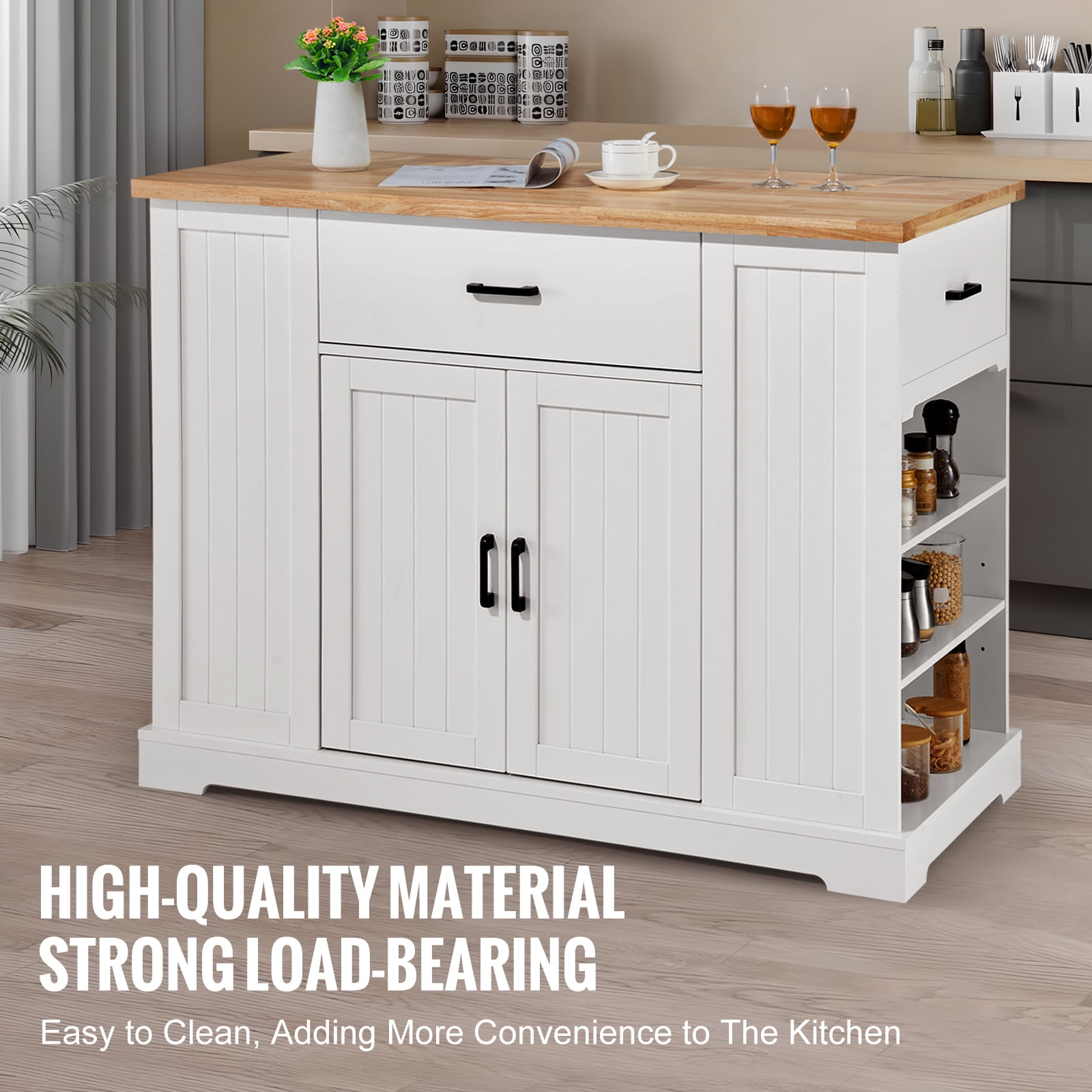 KFFKFF 46" Kitchen Island Cart with Storage, Wooden Countertop Utility Cart with Adjustable Shelving, Drawer, Ideal for Dining Area, Living Space, White