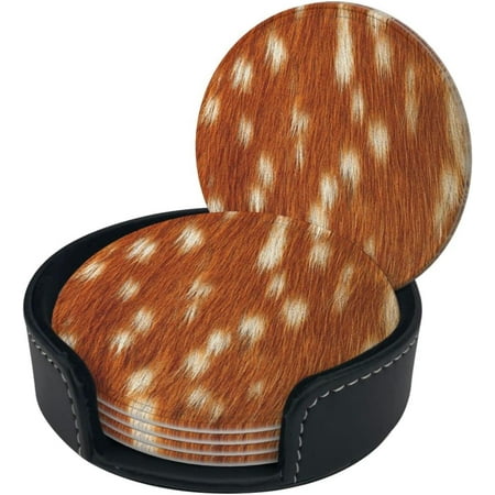 

Round Coaster Set of 6 with Holder Sika-Deer-Skin-Camouflage Leather Coasters for Drinks