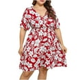 thumbnail image 2 of Sakmal V-Neck Casual Dresses for Women Mid-Length Red Short Sleeve Floral Ruffle Oversize A-Line Dress, 2 of 9