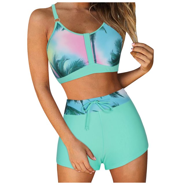 Huesdet Ensemble Bikini pour Femmes Maillots de Bain Deux Pièces Taille Haute Col Rond Bretelles Réglables Texturé (Bleu Ciel, P)