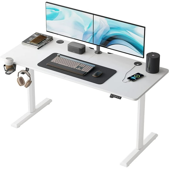 CubiCubi Height Adjustable Electric Standing Desk, 55 x 24 Inches Stand Up Table, Sit Stand Home Office Desk with Splice Board, White Frame/White Top