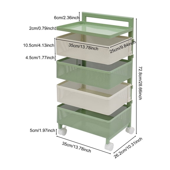Rotating Storage Cart Kitchen Organizer with Wheels Four Storage Baskets Green