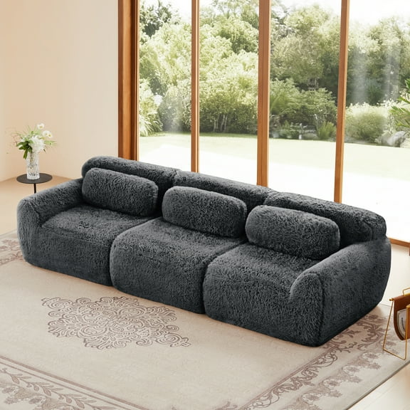 Aukfa 115" Faux Fur Modular Sectional Sofa, 3-Seater Deep Seat Boneless Couch for Living Room, Gray