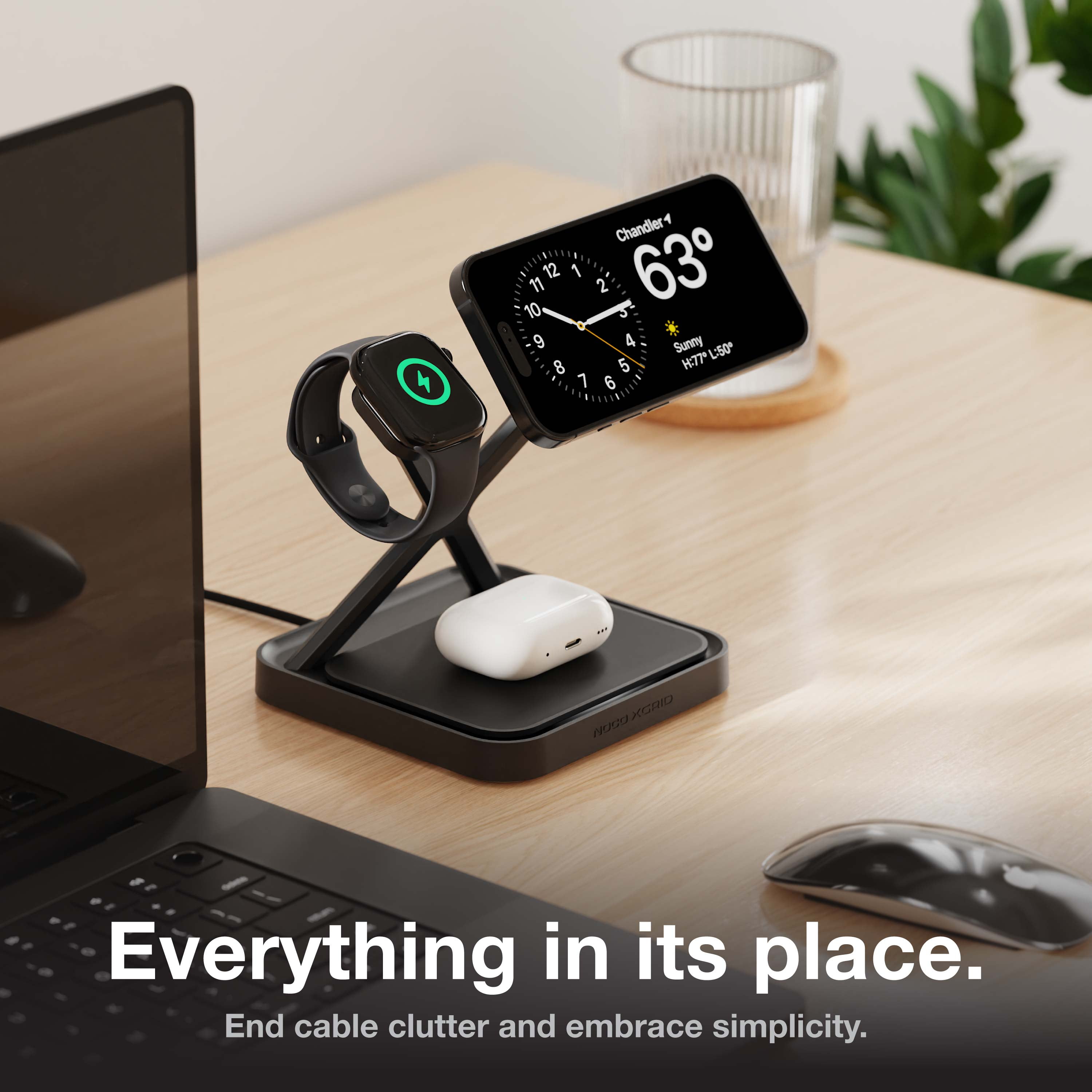 NOCO XGrid XDS3: 3-in-1 Wireless Charging Stand – Charging Station for iPhone, Apple Watch, and AirPods – MagSafe Compatible, Qi2 Certified – Includes 45W USB-C Wall Charger and 6.5-Foot USB-C Cable