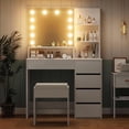 thumbnail image 2 of Tocador con espejo, tocador de maquillaje con luz LED para dormitorio, muebles de maquillaje blancos, escritorio con taburete y 4 cajones y estantes abiertos, 2 of 2