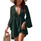 thumbnail image 3 of Vestido corto de mujer con cuello en V profundo y empalme de malla con dobladillo irregular y mangas largas acampanadas vestido de verano, 3 of 5