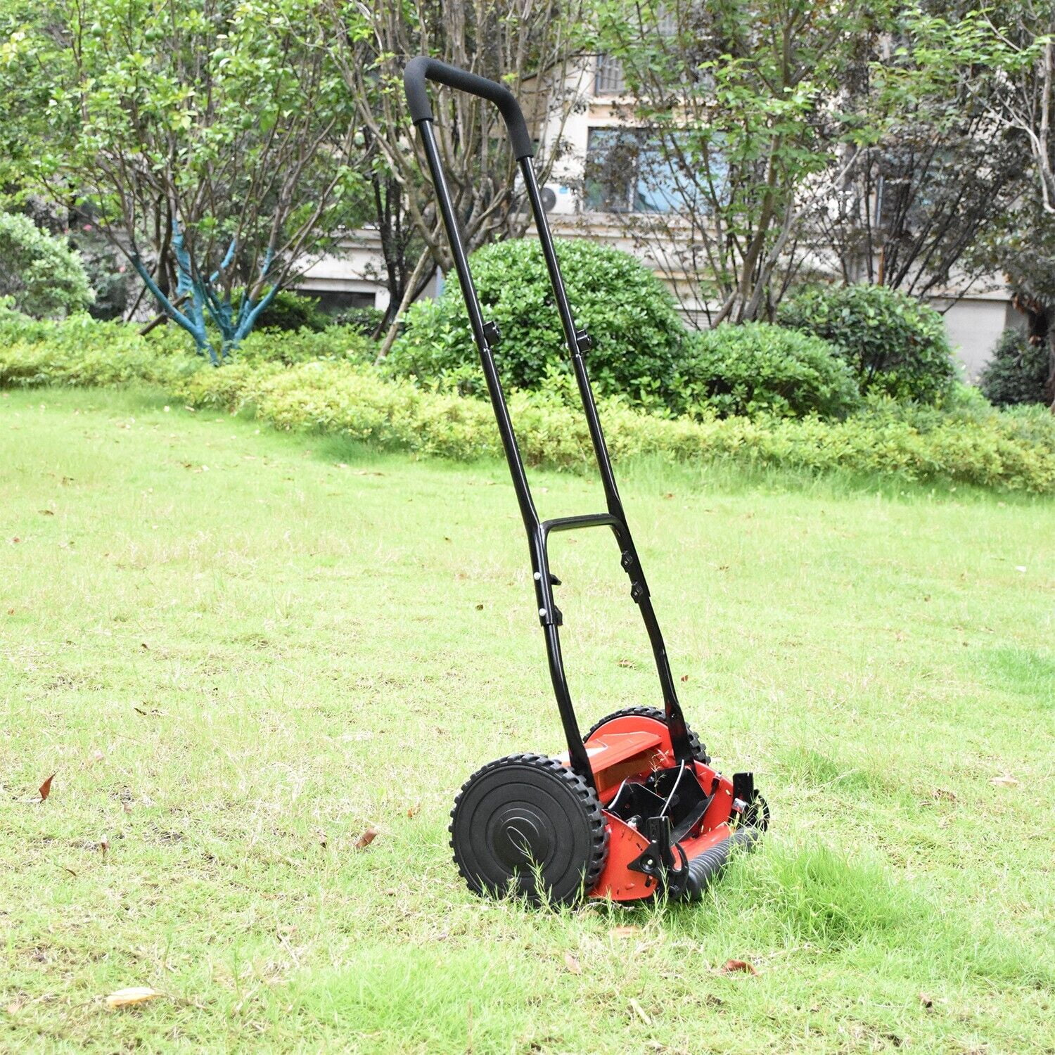 iMeshbean 14-Inch 5-Blade Manual Reel Lawn Mower, 2 Wheels Adjustable Handle Height Hand Push Lawn Catcher,High Efficiency Push Reel Lawn Mower, Red