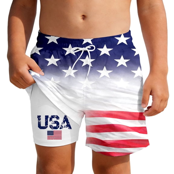 Kids Boys USA 250th Anniversary Stars and Stripes Print Swim Trunks Knee Length Double Layer Design Patriotic Theme Lightweight Beach Shorts Blue 5 Years-6 Years