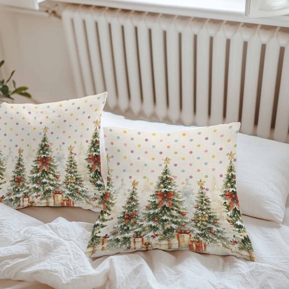 Outdoor Pillow Covers Christmas Tree Retro Linen Waterproof Pillow Cases 16x16 Set of 2, Winter Xmas Trees Colorful Polka Dot Throw Pillow Cover Pillowcase for Patio Balcony Couch Garden