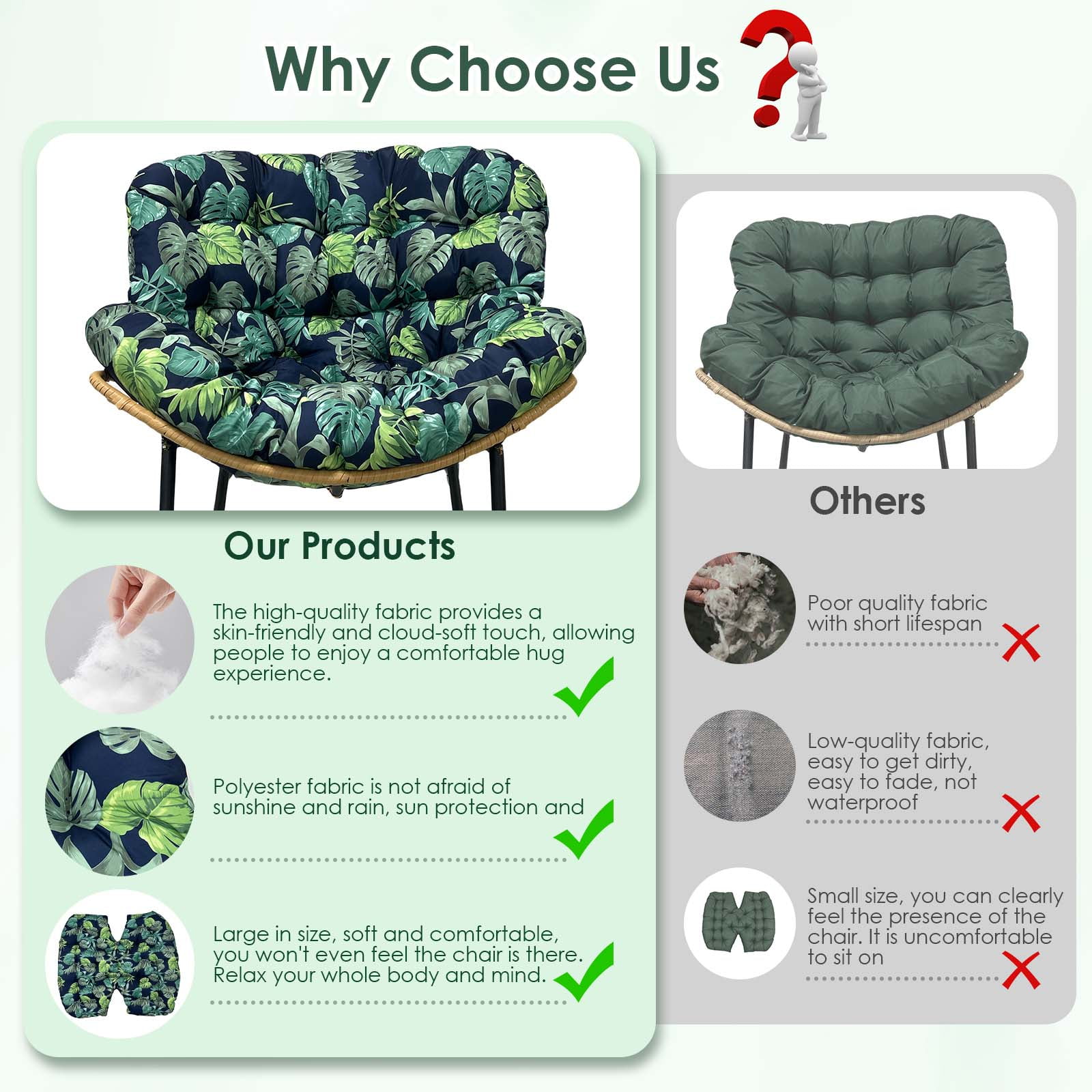 Eurhowing 4" Thick Egg Chair Cushion Replacement, Waterproof & Non-Slip Outdoor Patio Swing Chair Cushions, High-Density Soft Hanging Basket Seat Cushion, Green Leaf