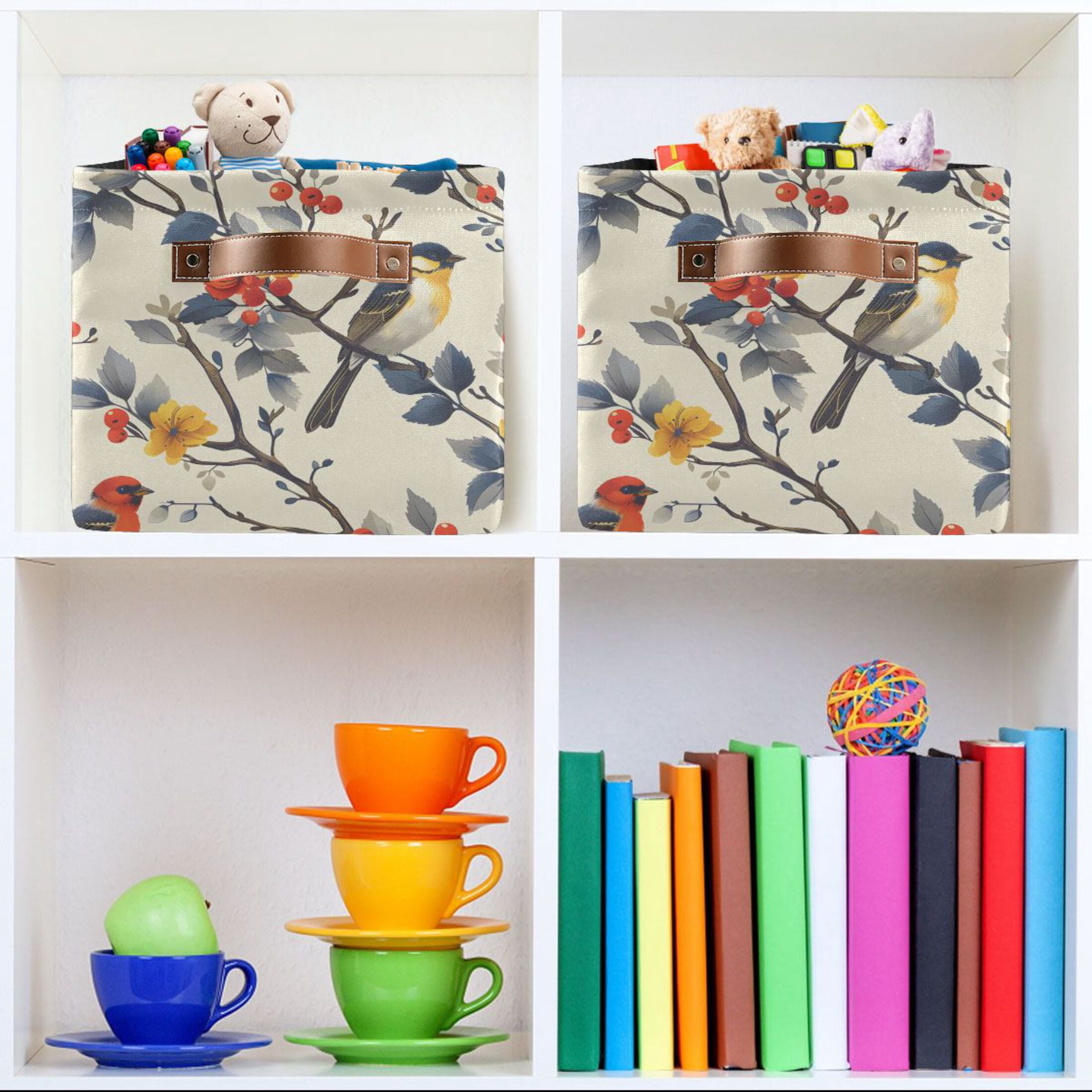 Ryvnso Birds on Tree Pattern Storage Basket Large Bin Foldable Boxes Toys Organizer 14.2x10.2x8.3in 2 PCs