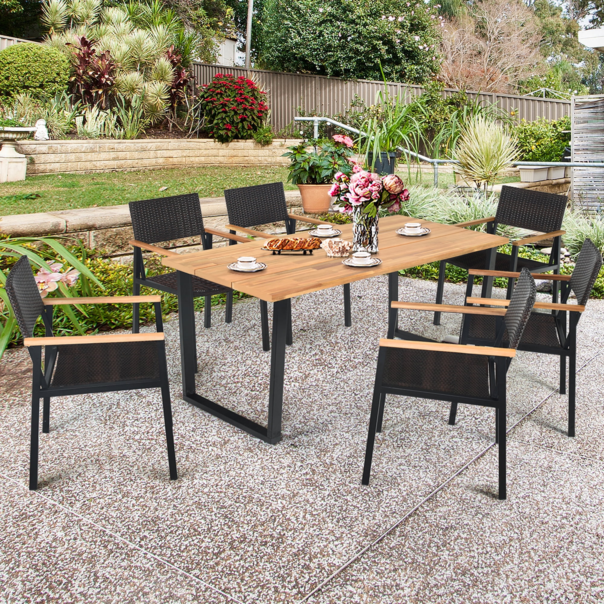Gymax 7pcs Patio Garden Dining Set Outdoor Furniture W Umbrella Hole Com - Patio Table Sets Outdoor