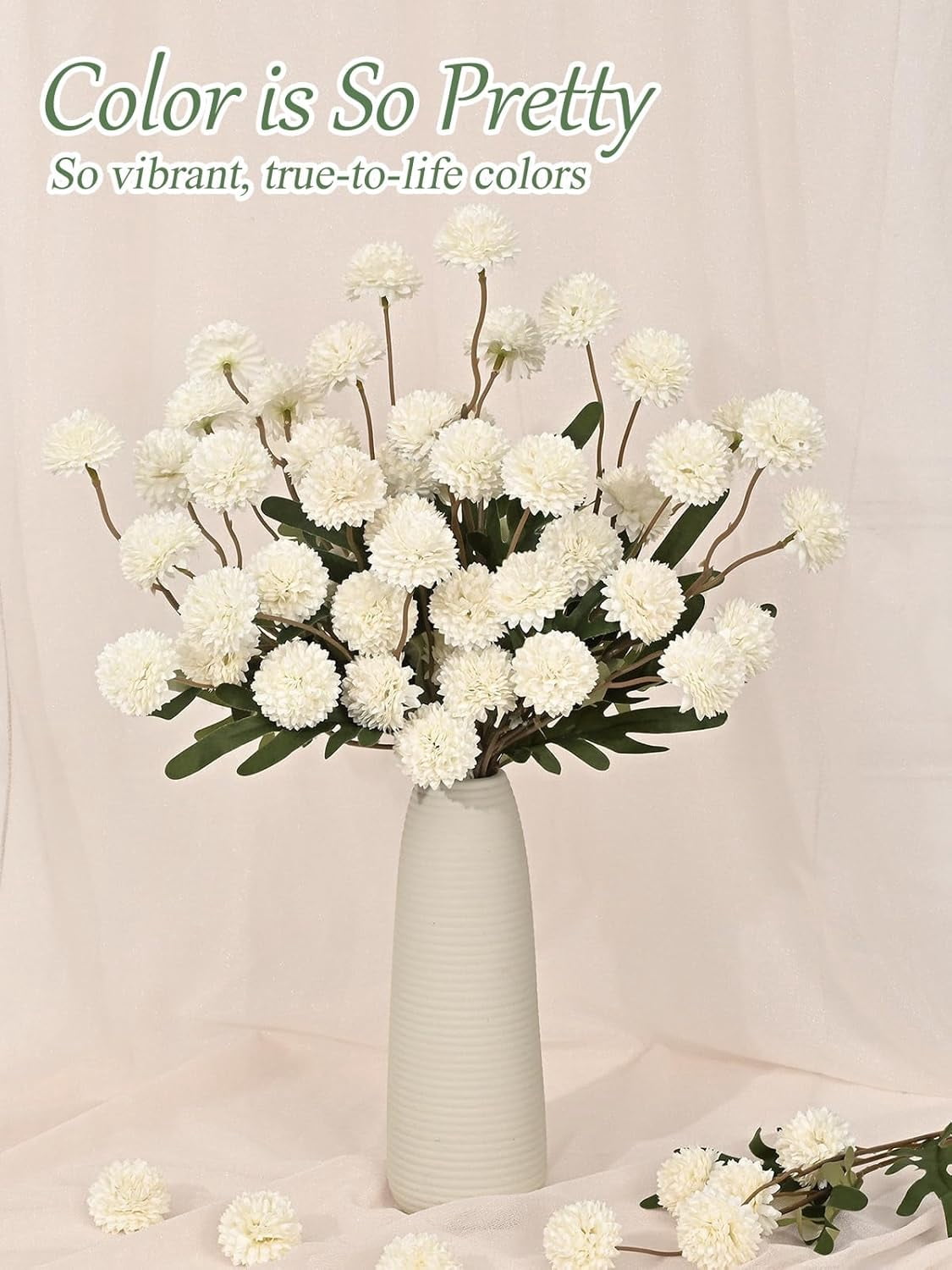 Yastouay 12Pcs Fake Chrysanthemum Flowers,21in Faux Kiku Flowers Silk Pompon Mums for Home Table Wedding Arrangements,White