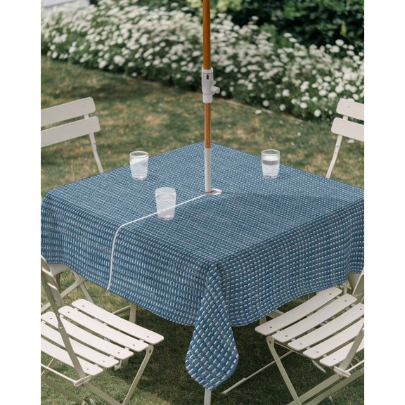 Outdoor Tablecloth with Umbrella Hole, Minimalist Navy Blue Grid Zippered Table Cloth for Rectangle Tables, Turquoise Linen Textured Washable Waterproof Tablecloths for Picnic Patio Garden
