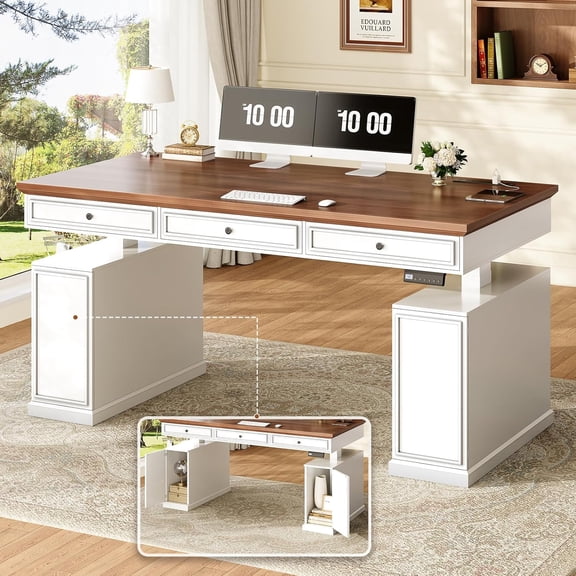 55.1" Farmhouse Electric Standing Desk with 3 Drawers and Storage Cabinet, Height Adjustable Executive Desk for Home Office