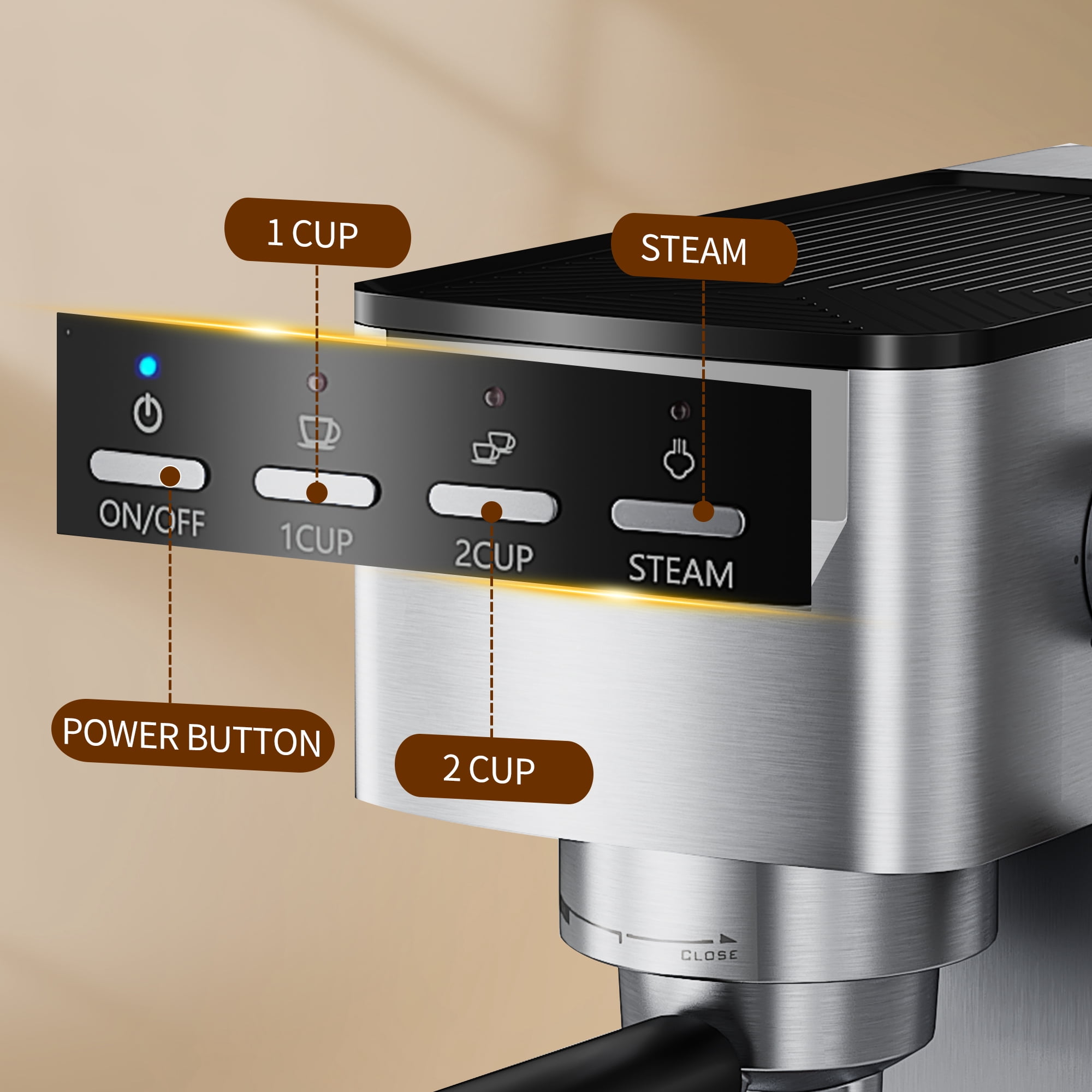 Espresso Machine 15 Bar, Milk Frother Steam Wand for Authentic Single & Double Espresso, Lattes & Cappuccinos with 47oz Removable Water Tank for Home Office Kitchen
