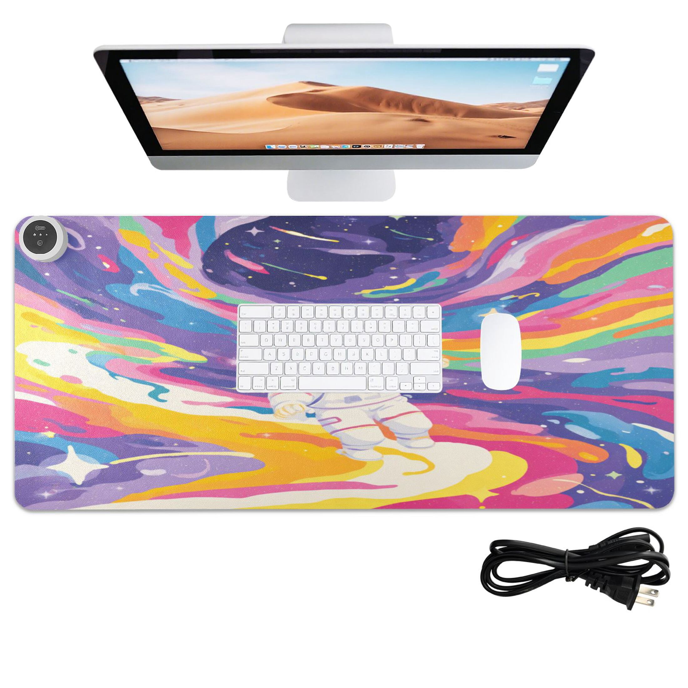 Large Heated Desk Mat Mouse Pad 31.5"x13"PU Leather Graphene Heating Desk Warmer with 3 Temperature Settings 110V US Plug Non-Slip Warm Pad for Home, Office, and Gaming Neon Swirl Astronaut Print