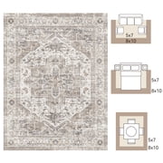 SIXHOME 8'x10' Washable Area Rug for Living Room Vintage Medallion Distressed Carpet Soft Low Pile Large Rug for Bedroom Dining Room Office Retro Indoor Home Decor Taupe