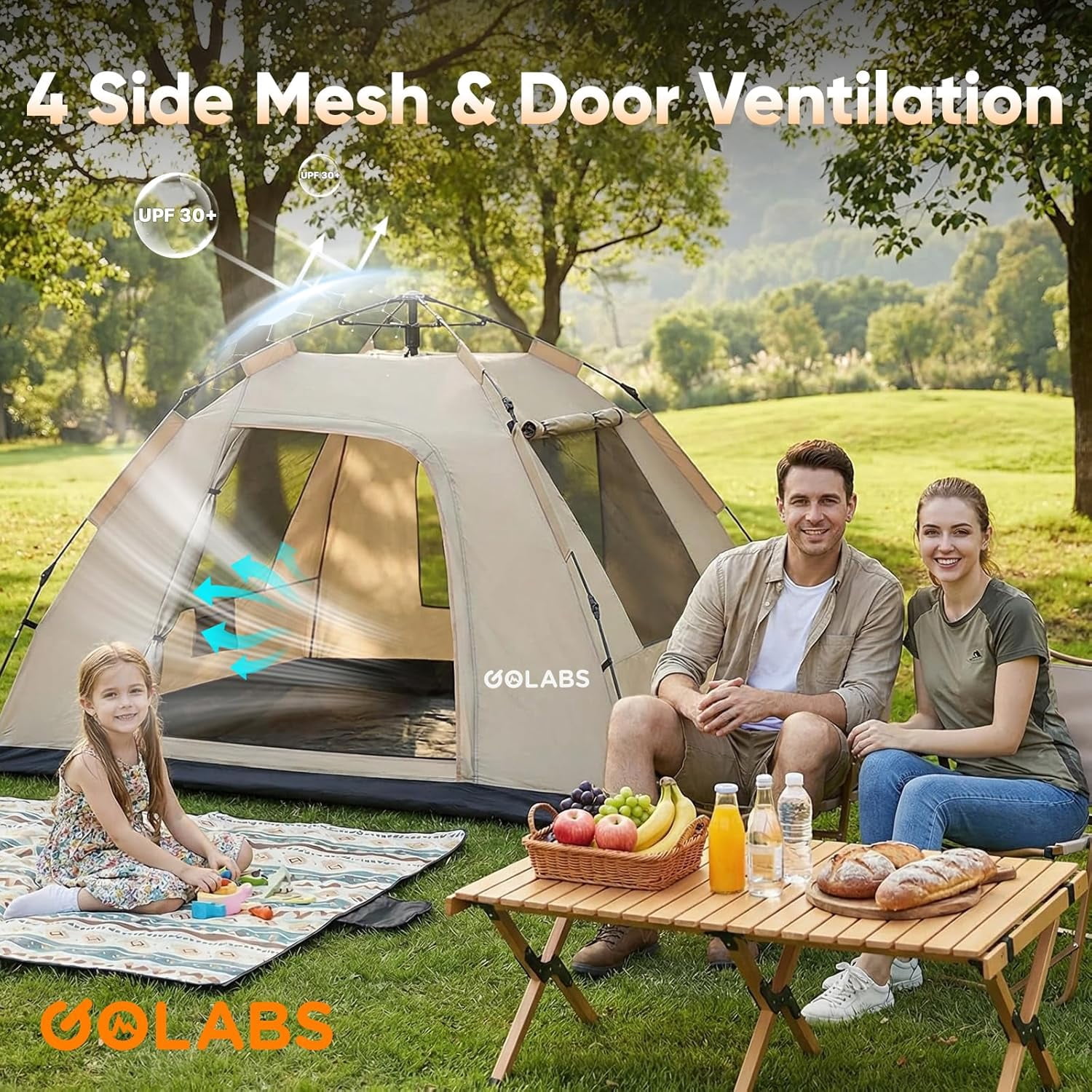 Golabs CT3 2-Person Instant Camping Tent, 4.8lbs Lightweight, Portable, Easy 1-Minute Setup Pop-Up Tent for Outdoor, Khaki