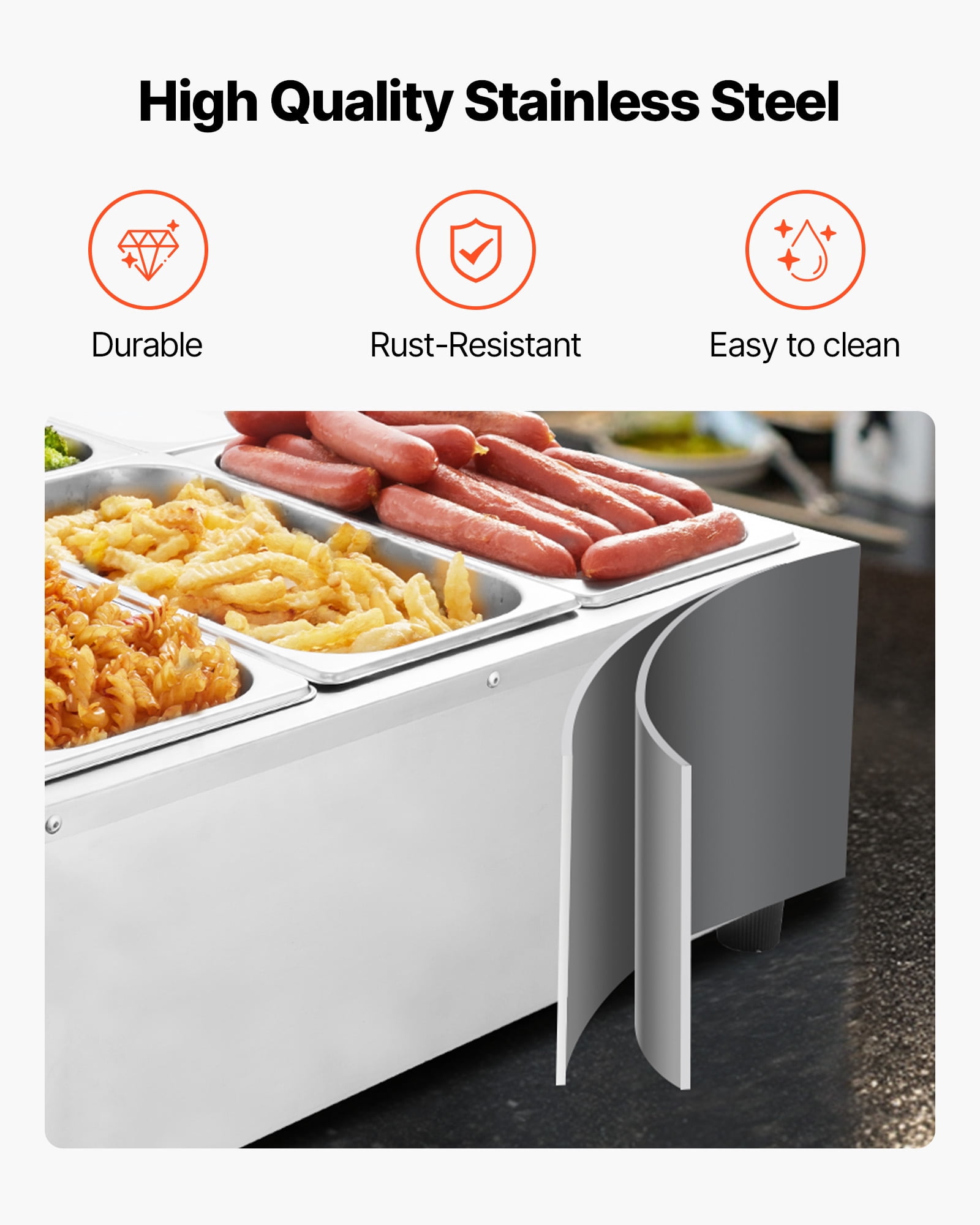 VEVOR Commercial Food Warmer, 1500W Electric Stainless Steel Steam Food Warming with Lid, 6-Pan Fast Heating Countertop Buffet Bain Marie with Power Cord, for Catering, Restaurant, Party & Buffets