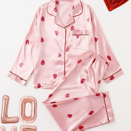 

Strawberry Pattern Satin Long Sleeve Tops & Pants Pajama Set For Valentine‘s Gifts