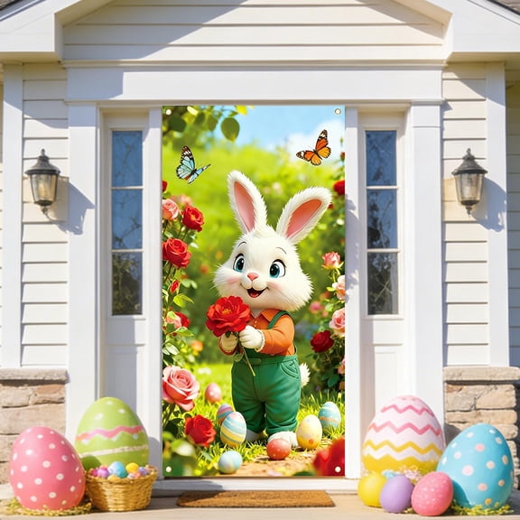 TOPRenddon Easter Door Cover 35.43x70.87in, Multicolor Polyester Easter Door Curtain for Indoor Outdoor Front Door Wall Party Festive Decoration