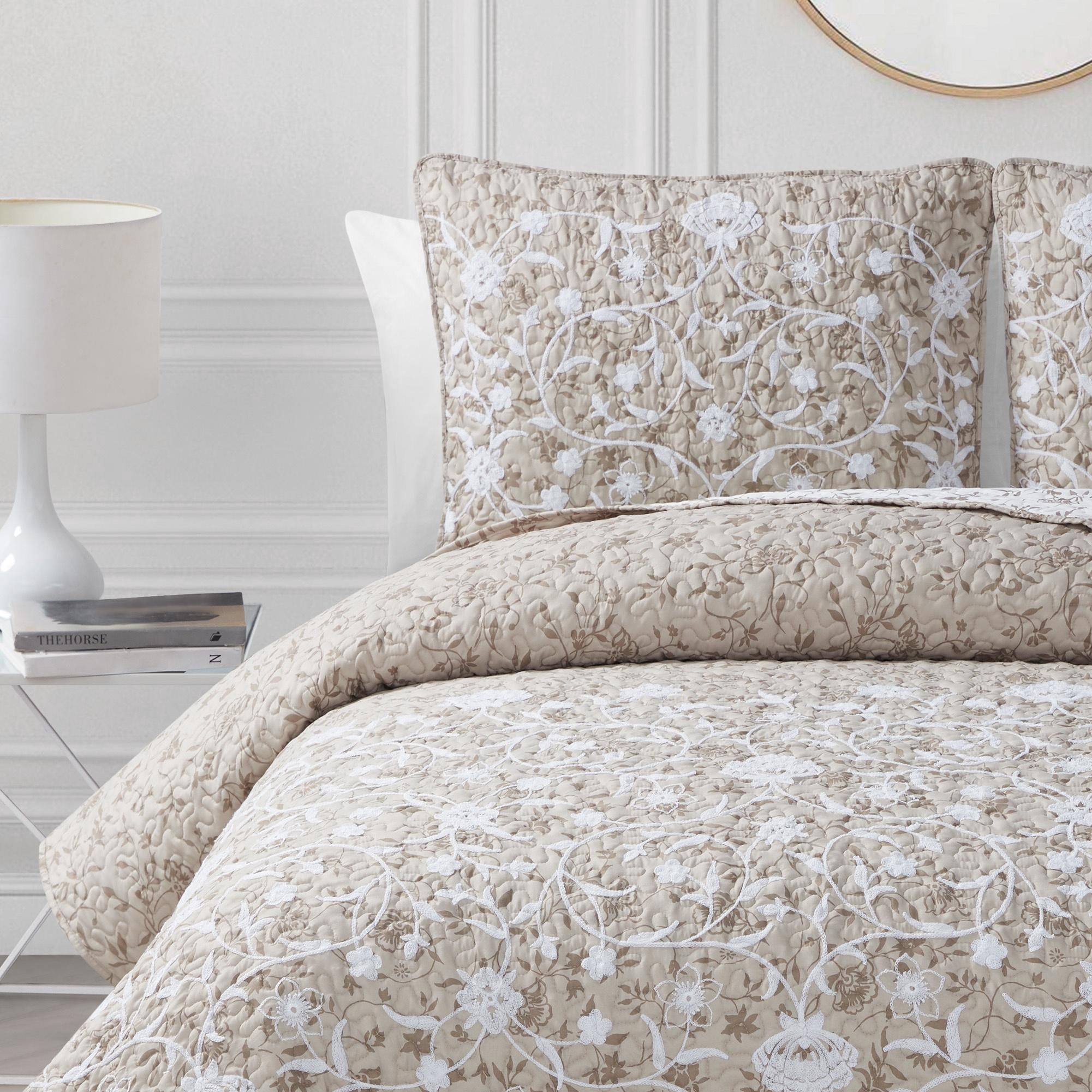 Kendall Vine Leaf Embroidery Taupe Neutral 2-Piece All-Season Reversible Soft Microfiber Quilt Set - Twin