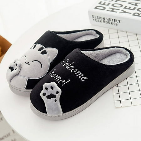 

Ladies Cute Cat Animal Plush Slip On Winter Warm Bedroom Shoes Non Slip House Slippers for Women Men