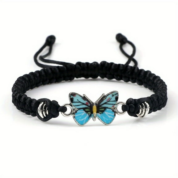 1pc Handmade Adjustable Macramé Butterfly Bracelet - Colorful Enamel Butterfly Charms on Black Cord, Unisex Couple Bracelets for Women & Men, Birthday Gift for Girlfriend, Everyday & Formal Jewelry,