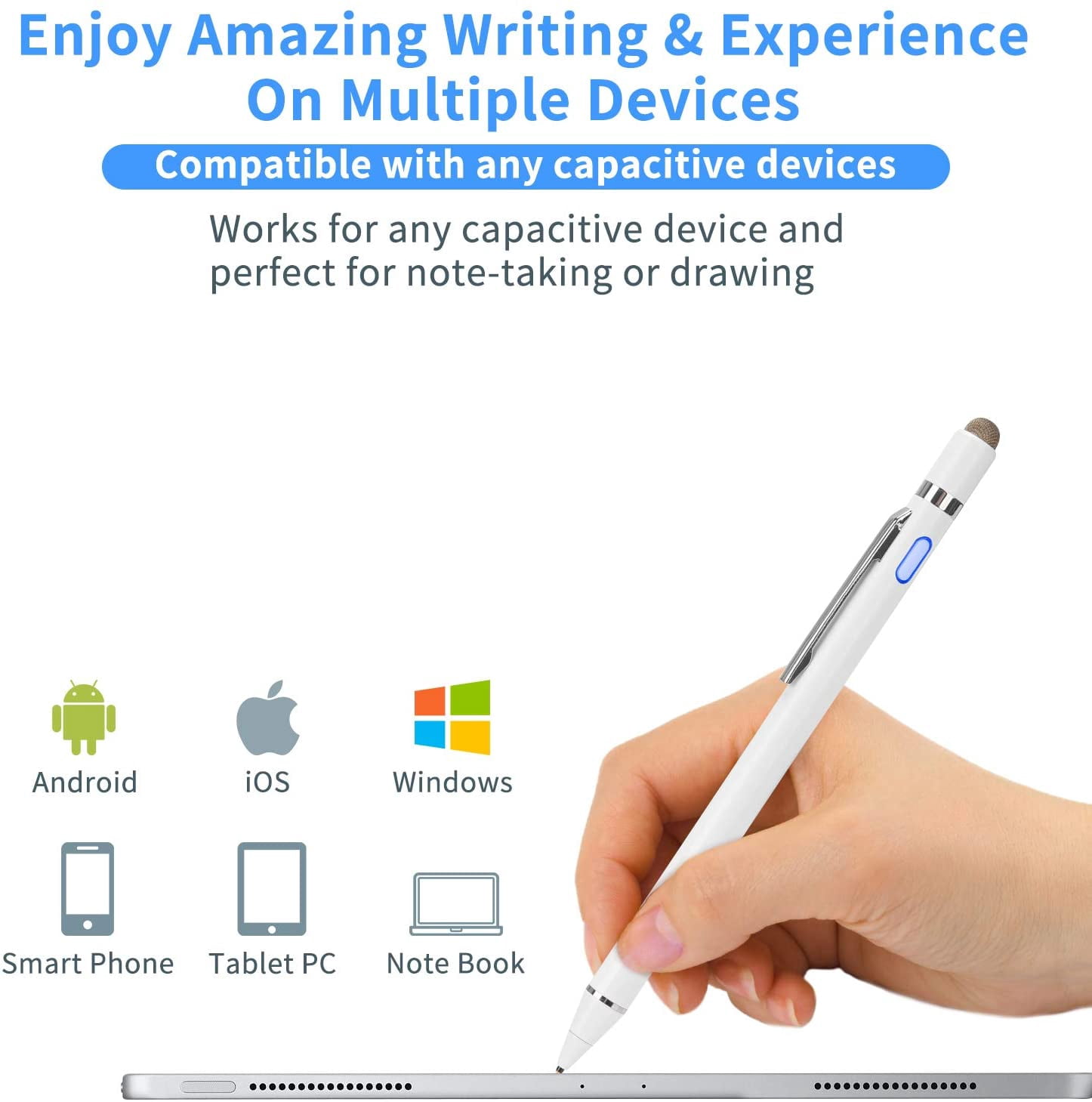Active Stylus Digital Pen with Ultra Fine Tip Stylus for iPad iPhone Samsung Tablets, Compatible with Apple Pen,Stylus Pen for iPad Pro, White