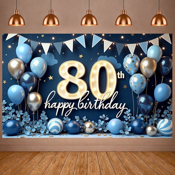 Blue Gold Color Scheme Happy 80th Birthday Banner LED Numbers 80th Birthday Backdrop Glitter Balloons Gold Star Accents 80th Birthday Background for 80th Birthday Parties Adult Celebrations Family