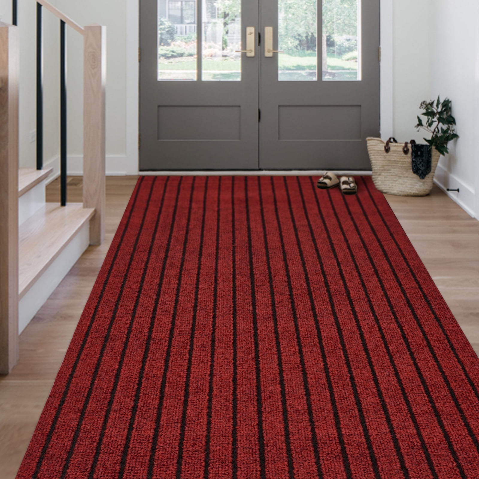 Morefany Runner Rugs Outdoor Indoor Area Rug with Rubber Backing Non Slip Carpet Custom Size Mat for Hallway Entryway Kitchen Garage Laundry Striped Red 6' x 25'