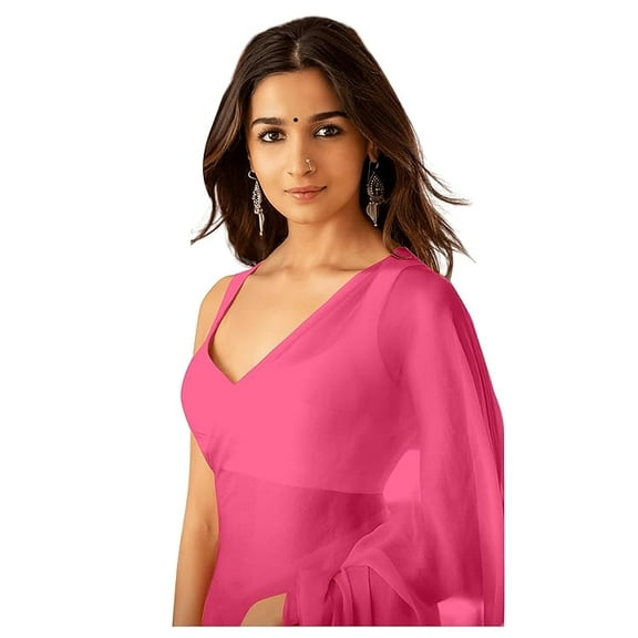 Accessorize Kingdom Women's Plain Pure Georgette Saree With Unstitched Blouse Piece (Rocky Aur Rani Ki Prem Kahani Alia Bhatt Saree.