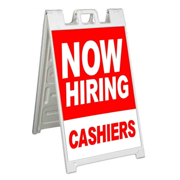 Now Hiring Cashiers (24" X 36") Standard A-Frame Signicade, Includes Decal Applied To Stand